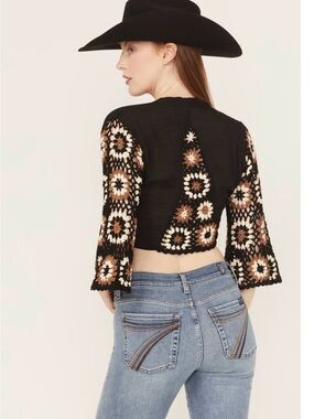 Elan Black Tie-Front Top with Crochet Brown & Cream Floral Sleeves